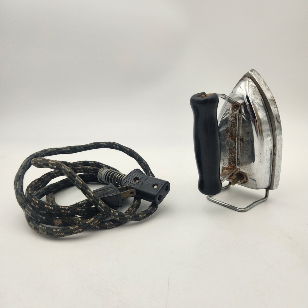 Vintage Chrome Travel Iron with Detachable Cloth Cord and Kickstand Retro MCM